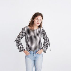 Madewell Gingham Lace-Up Bell Sleeve Top